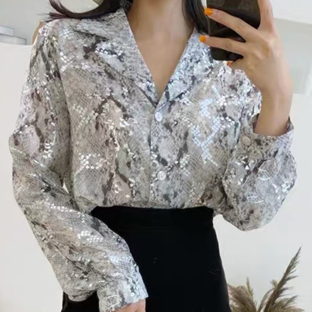 Grey Snakeskin Button Down Blouse